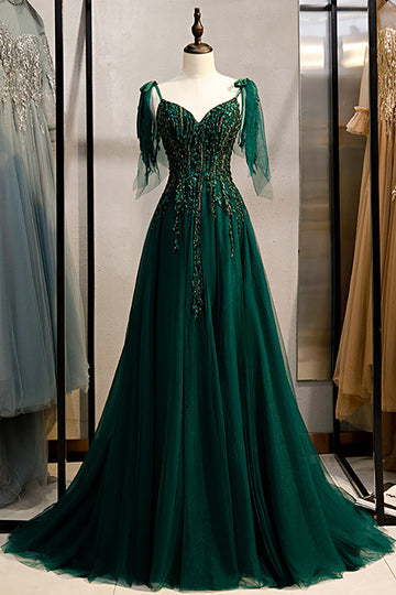 A-Line Spaghetti Straps Dark Green Ball Dress with Beading